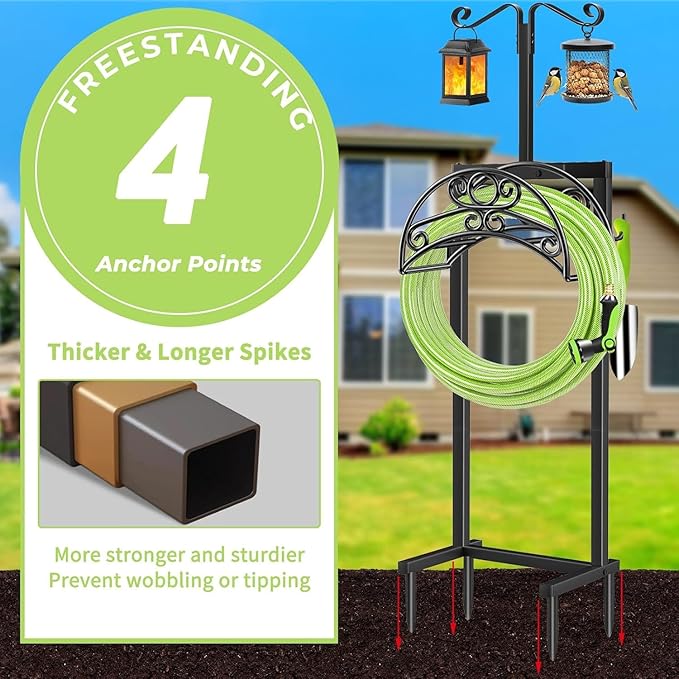 TomCare Garden Hose Holder with 2 Shepherds Hooks Upgraded Heavy Duty Water Hose Holder Holds 160 FT Hoses Freestanding Hose Reel with 2 Tool Hooks Outdoor Hoses Storage Hanger for Outside Yard, Black