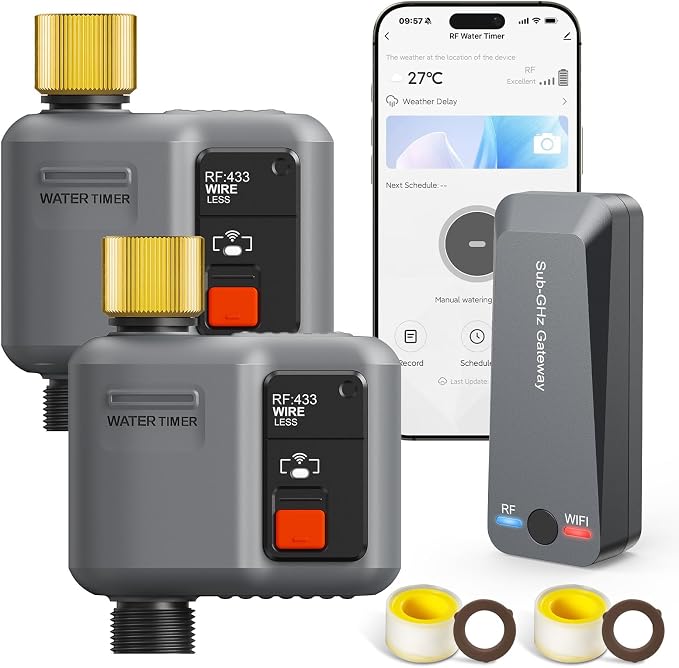 WiFi Water Timer for Garden Hose(2 Valves+1 WiFi Hub),WiFi Sprinkler Controller with 984ft RF Range,Strong Wall Penetration, Alexa&Google Voice/App Control WiFi Hose Timer with Rain Delay,Manual Mode