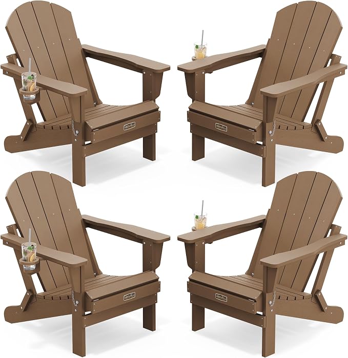 SERWALL Folding Adirondack Chair Set of 4 Outdoor Chairs with Cup Holder Painted Adirondack Chair Weather Resistant for Patio Deck Garden, Backyard Deck, Fire Pit- Brown