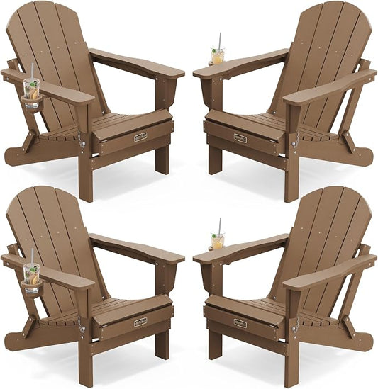 SERWALL Folding Adirondack Chair Set of 4 Outdoor Chairs with Cup Holder Painted Adirondack Chair Weather Resistant for Patio Deck Garden, Backyard Deck, Fire Pit- Brown