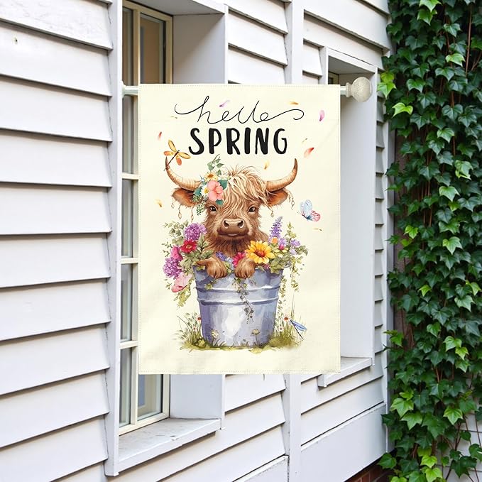 Hello Spring Garden Flag Large Highland Cow Polyester House Banner Double Sided Vertical Farmhouse Butterfly Floral Yard Flags Rustic Daisy Banner for Seasonal Outdoor Decor 28 x 40 Inch