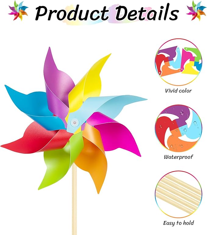HOOSUN 12 Pack Rainbow Pinwheels for Yard and Garden,Rainbow Party Decorations for Kids, Colorful Garden Wind Spinners Outdoor Decor,Party Favors for Kids,Lawn,Yard,Patio