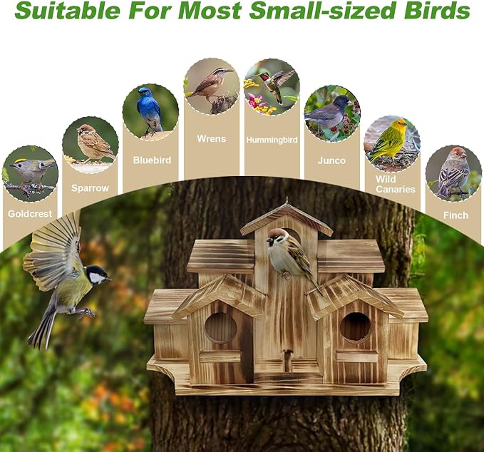 Wooden Bird House for Outside, 7-Compartment Large Birdhouse Castle with Perches, Weatherproof Burnt Wood Hanging Bird Nest for Garden Patio, Decorative Bird Shelter for Bluebird, Finch, Sparrow