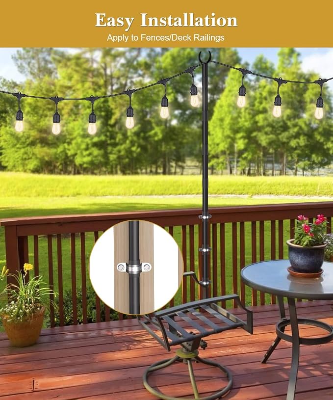 10Ft String Light Poles for Fence & Deck Railing, Outdoor Light Stand with Fence Brackets, Heavy-Duty Metal Poles for Backyard, Garden & Patio Party Lighting, Rustproof & Adjustable