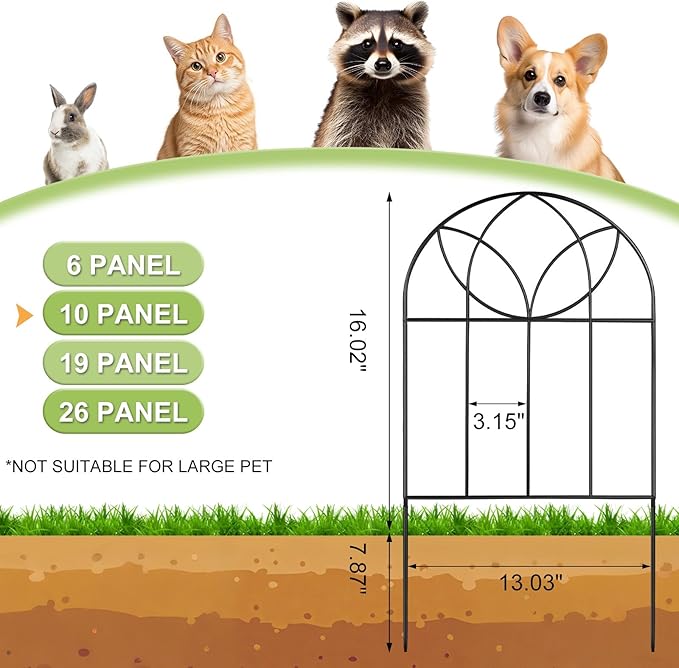 Small Garden Fence Animal Barrier, Decorative Garden Fence 24in(H) x 10ft(L), 10 PCS Rustproof Metal Fences Panel, Arch Black No Dig Fences, Rabbit and Dog Border Fencing for Flower Bed, Patio