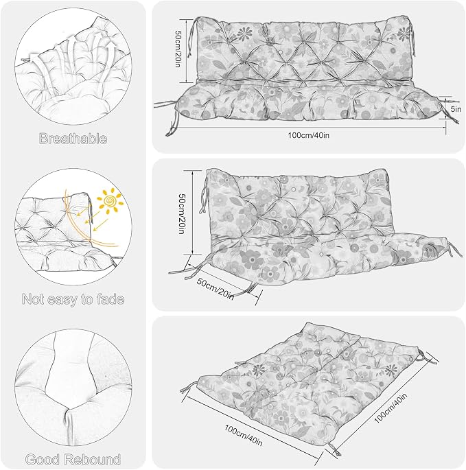 Porch Swing Cushions Outdoor 40 inch x 40 Waterproof Swing Cushions 3 Seater Replacement with Backrest & 8 Ties 5" Thick Bench Swing Cushions for Outdoor Furniture Patio(Floral Pattern)