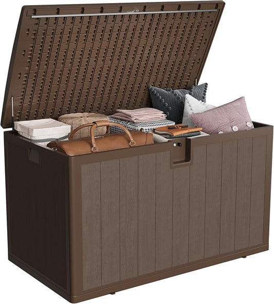 130 Gallon Outdoor Storage Box, Large Resin Deck Box with Hydraulic Air Rod, Lockable Lid & UV Resistant, All-Weather Deck Box for Patio Furniture, Pool Accessories, Gardening Tools, Brown