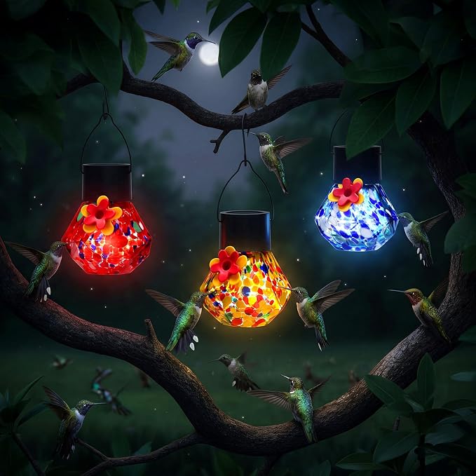 Nuogo 3 Pcs 3.54 Inch Blown Glass Hummingbird Feeders Solar Powered Hummingbird Feeder with LED Light for Garden Outdoors Window Decor Valentine Hanging Gifts Ant and Bee Resistant (Color D,Novel)