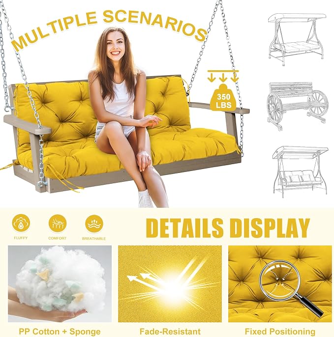Porch Swing Cushions Outdoor 48 inch x 40 Waterproof Swing Cushions 3 Seater Replacement with Backrest & 8 Ties 5" Thick Bench Swing Cushions for Outdoor Furniture Patio(Yellow)