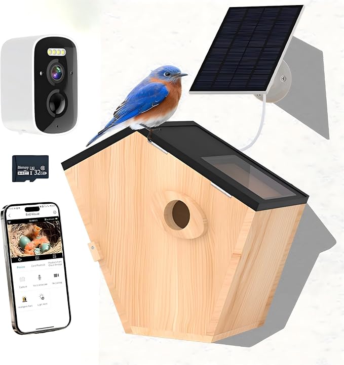 Smart Bird House with Camera Solar Powered,Bird Nesting Box Watching Wireless Camera for Bluebird,5MP Full Color IR Night Vision,2.4G WiFi APP Controlled Auto Notification,Ideal Gift for Bird Lovers