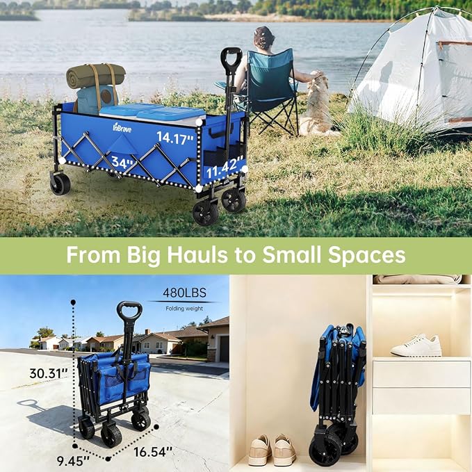 Extra Long Collapsible Wagon Cart, 480LBS Heavy Duty Utility Wagons with All-Terrain Wheels, Foldable Grocery Carts for Gardening, Shopping, Beach, Camping, Royal Blue