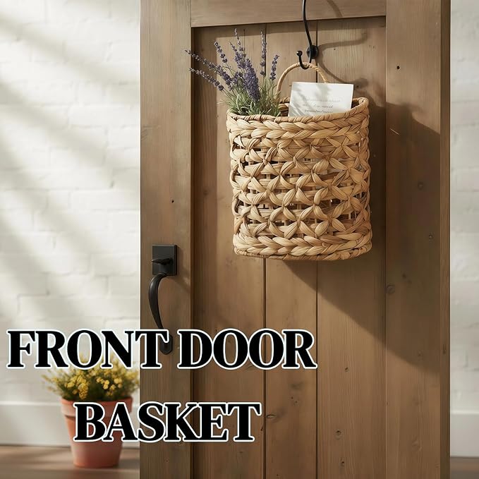 Set of 2 Wicker Wall Hanging Basket, Natural Water Hyacinth Hanging Wicker Decorative Basket, Handmade Woven Storage Organizer for Front Door Mail Flowers Garden House Wedding Wall Decorations