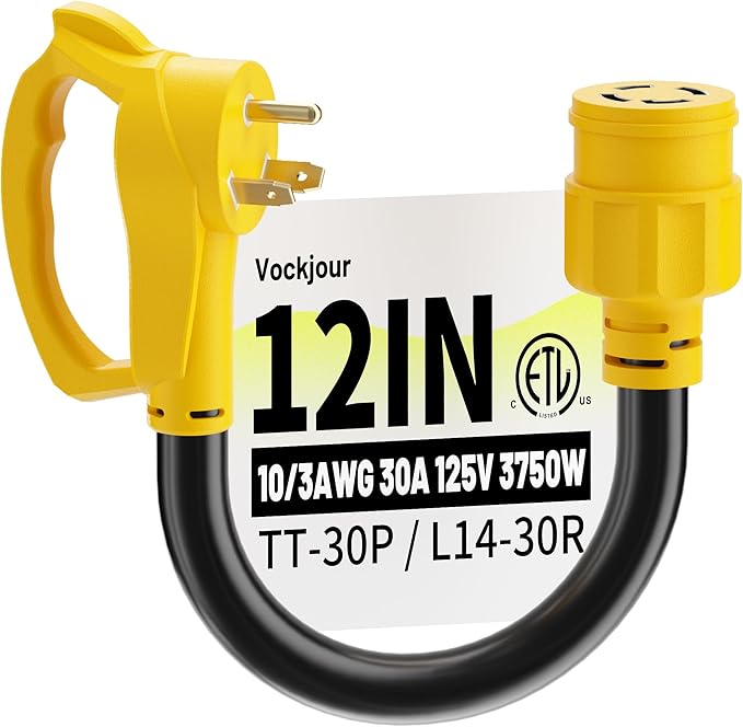 30 Amp to 30 Amp RV Generator Plug Adapter 12 Inch, NEMA TT-30P Male to NEMA L14-30R Female, Heavy Duty RV Generator Adapter with Twist Lock Plug, STW 10AWG 30A 125V/250V 3750W, Yellow, ETL Listed