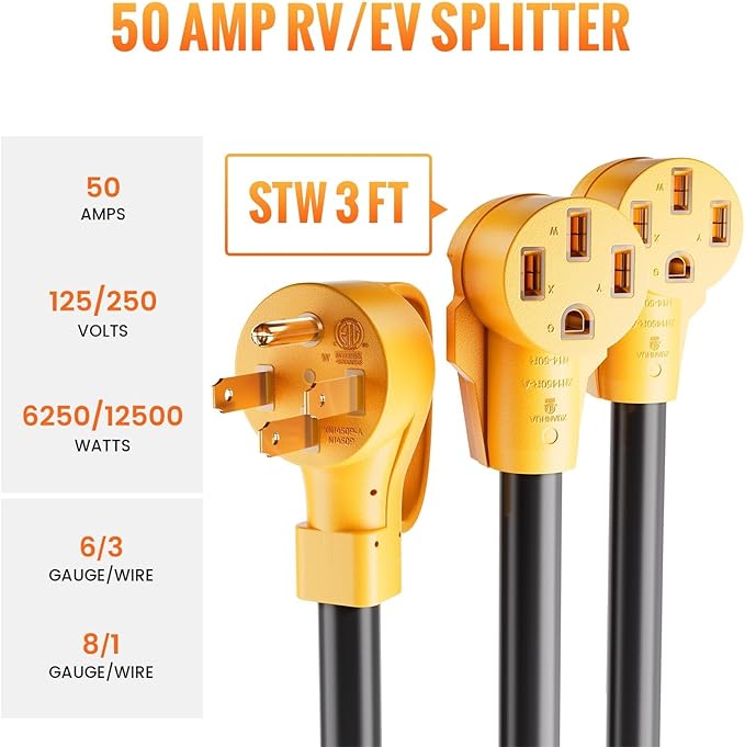MECMO 50 Amp Y Splitter for RV/EV Charging, ETL Listed, NEMA 14-50P to 2X 14-50R Adapter, 4 Prong 250-Volt Generator Adapter, Auto/RV/EV/Tesla Model 3/S/X/Y, 6/3 8/1 STW AWG, 3 Feet