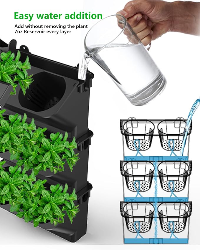 Wall Planters for Indoor Plants with Grow Light & Self Watering System, 6-Pot Vertical Garden for Herbs, Vegetables, Flowers, Succulents, Includes Screws & Expansion Pipes