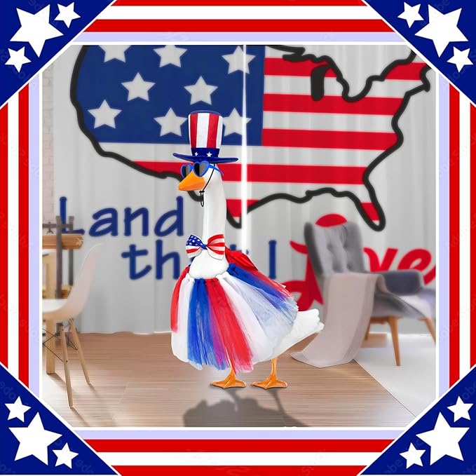 Independence Day Goose Outfit with Sunglasses & Tie,Porch Goose Outfits for 23" 17" Cement Plastic Goose Clothes Costumes, 4th of July Goose Outfit for Party Outdoor Patio Yard Lawn