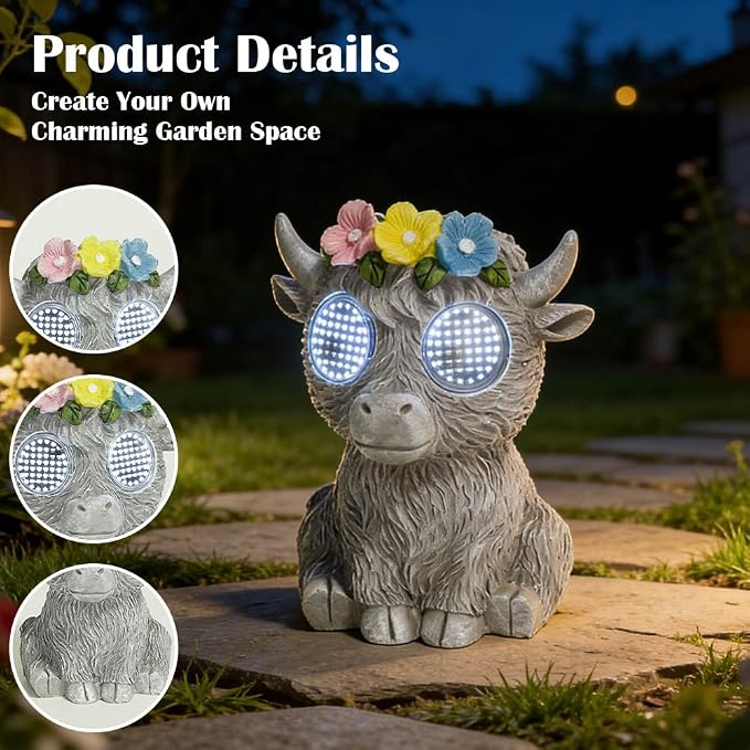 Outdoor Solar Garden Statue, Dynamic LED Light with Flower Sculpture, Art Decor for Patio Porch Lawn Backyard, Housewarming Gifts for Women (Stone Highland Cow)