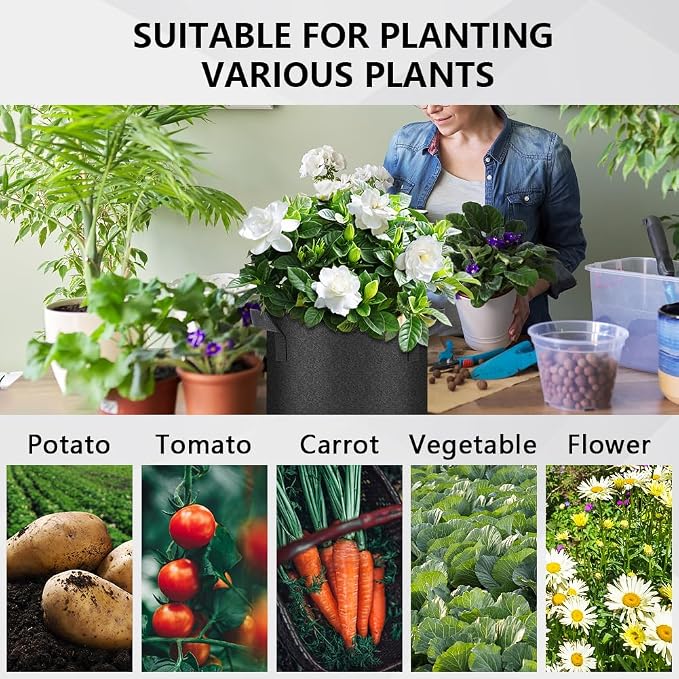 50 Pack Grow Bags, Black Heavy Duty Fabric Pots Nonwoven Potato Grow Bags with Sturdy Handles & Reinforced Stitching, Breathable Vegetable Flower Plant Growing Containers Bags (5 Gallon)