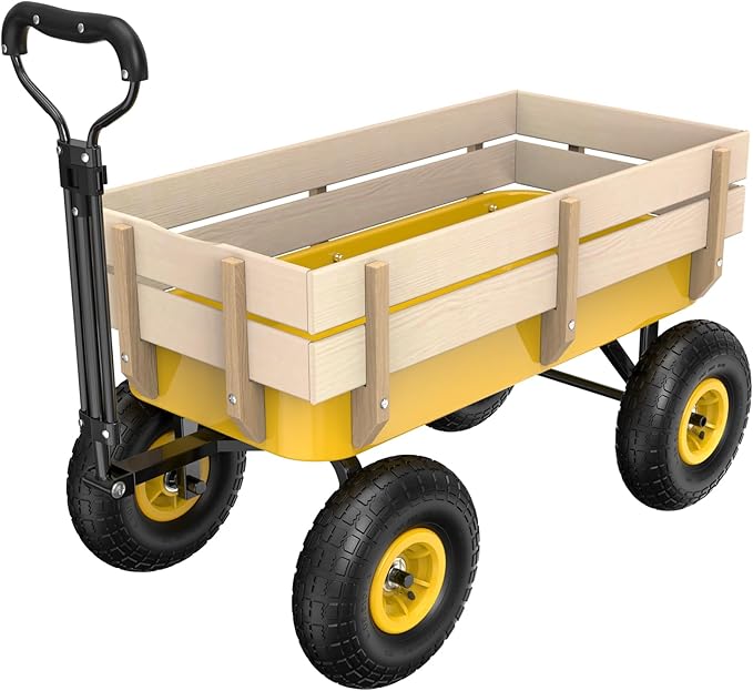 VINGLI Wagon Cart, Steel Frame and Wood Coated Railing, 330lbs All Terrain Wagon 9.2in Air Tires for Garden and Outdoor (Yellow)