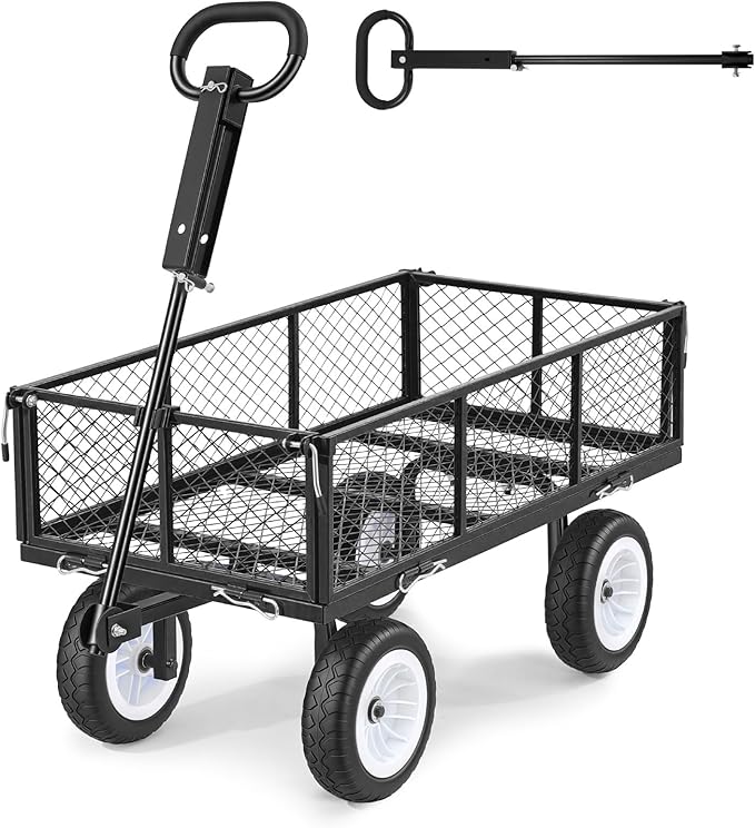 VEVOR 900 LBS Steel Garden Cart, 2 in 1 Handle, Heavy Duty Pullable Garden Wagon with 10" Flat-Free Tires, Outdoor Utility Yard Wagon Cart with Detachable Side Panels, Attach to ATV or Tractor