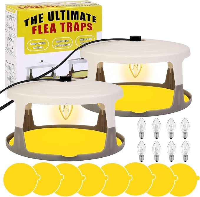 Flea Traps for Inside Your Home, 2 Pack Indoor Flea Light, Electric Bed Bug Insect Killer with 8 Sticky Pads & 8 Light Bulb Replacement, Natural Pest Control w/Glue Discs Refills, Safe for Kid Pet