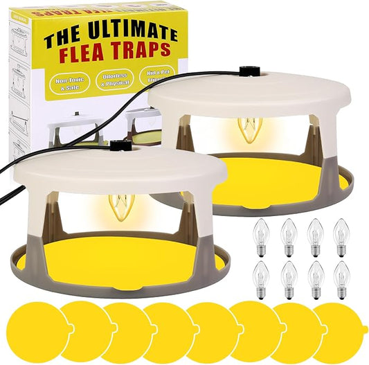 Flea Traps for Inside Your Home, 2 Pack Indoor Flea Light, Electric Bed Bug Insect Killer with 8 Sticky Pads & 8 Light Bulb Replacement, Natural Pest Control w/Glue Discs Refills, Safe for Kid Pet