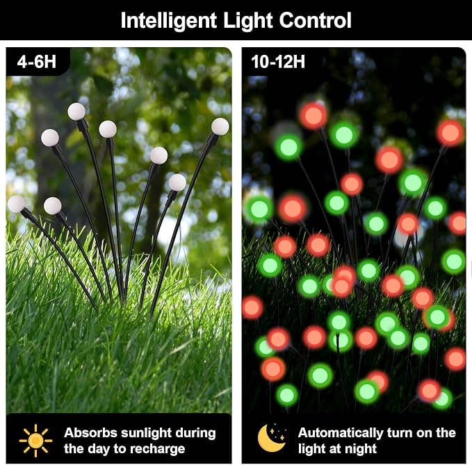 Solar Firefly Lights Red and Green, 4 Pack 800mAh Swaying Firefly Garden Lights Solar Powered Outdoor Waterproof for Yard Patio Lawn Pathway Walkway Stake Christmas Decor (Red & Green 4Pack)