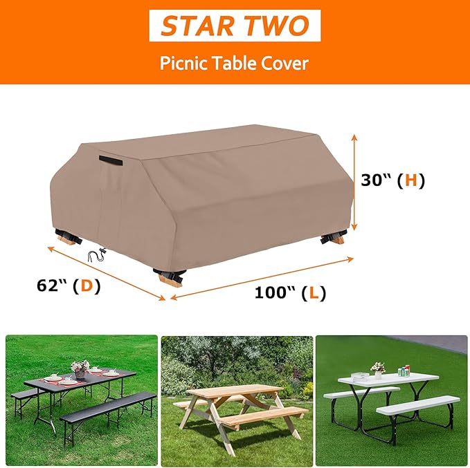 STARTWO Waterproof Picnic Table Cover Outdoor Patio Table Bench Covers for Picnic Table Bench Set Windproof (8Ft-96in（Brown）)