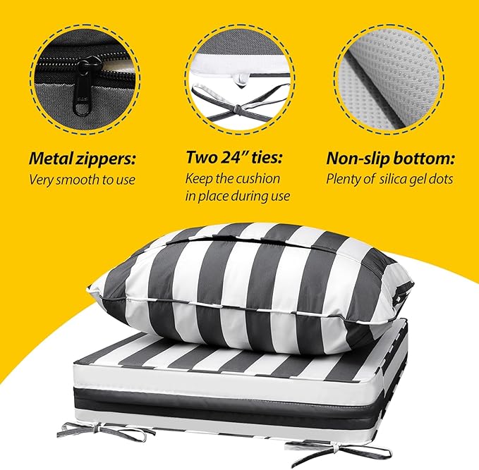 AAAAAcessories Outdoor Seat Cushions for Chairs, Fade-Resistant, Waterproof Patio Furniture Replacement Cushions, 23.5" x 25.5" x 5" + 23.5" x 19", Gray Cabana Stripe