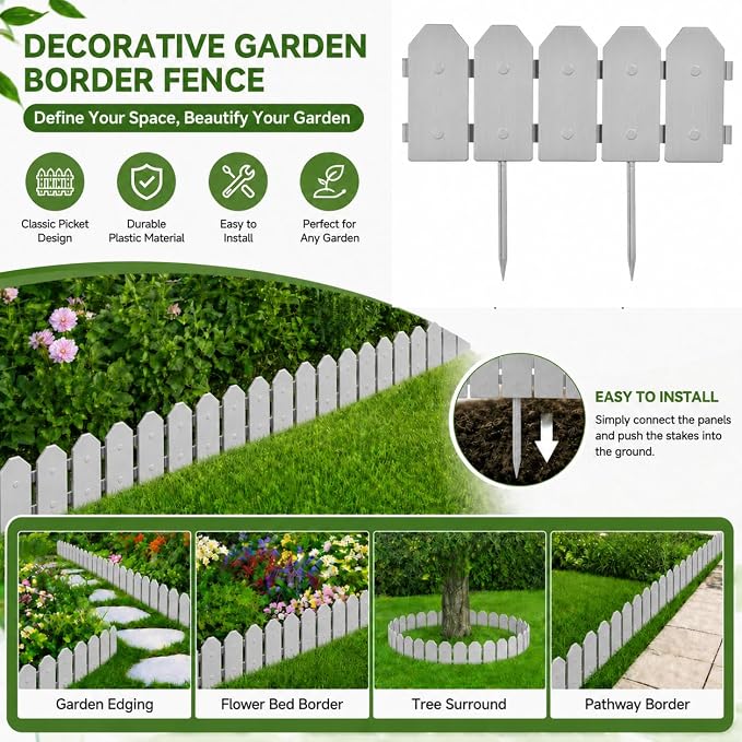 Evelyne Garden Border Edging: Wooden Grain Fence Dog Ear Design - Landscaping Fence Liner Lawn Edge Barrier - Decorative Lawn Landscape Panels Elements -Landscaping Edging (Gray, 10ft.)