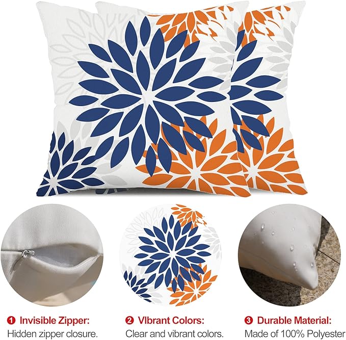 DFXSZ Blue Orange Outdoor Flower Pillow Covers 20x20 Inch Set of 2 White Colored Throw Pillows Outdoor Waterproof Decor for Living Room Sofa Patio Funiture Garden Floral Polyester pillow covers 002C20