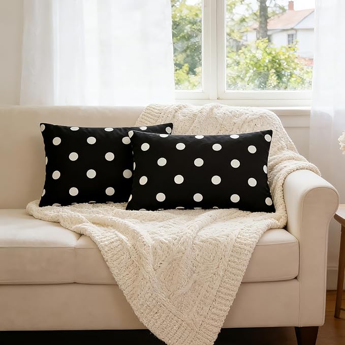 SquarePie Pack of 2 Outdoor Lumbar Pillow Covers Waterproof Decorative Throw Pillowcase Patio Cushion Covers Cases for Spring Garden Couch Balcony Bench Sofa,12x20 inch Black Polka Dot