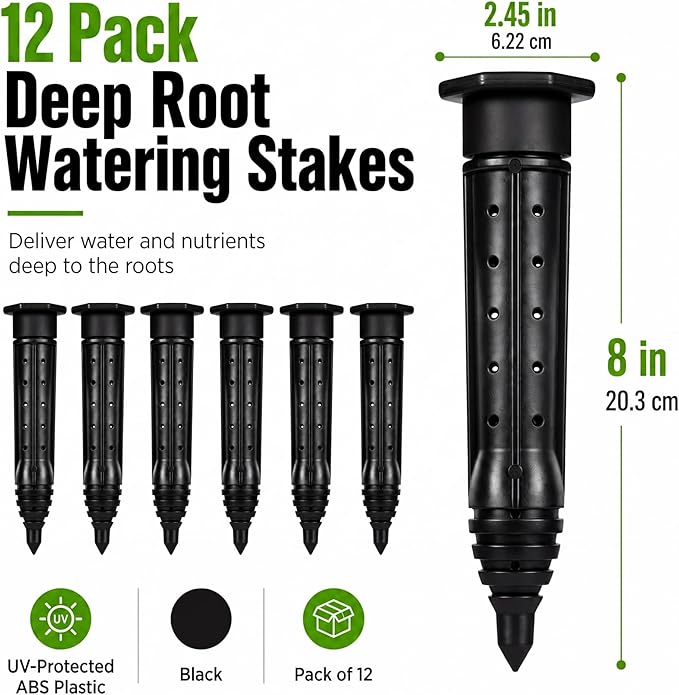 Junkin 12 Pack Tree Watering Stake Large UV Protected ABS Plastic Deep Root Irrigation Spike for Garden Shrubs Bushes Shrubs Flowers Fruits Vegetables Potted Plants (8 Inch)