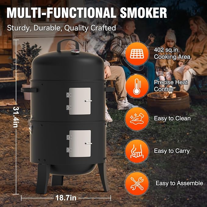 16" Charcoal Smoker, 3 in 1 Heavy Duty Vertical Barbecue Grill, Outdoor Fire Pit 402 Square Inches Cooking Area, Versatile Outdoor Smoker Grill, Black