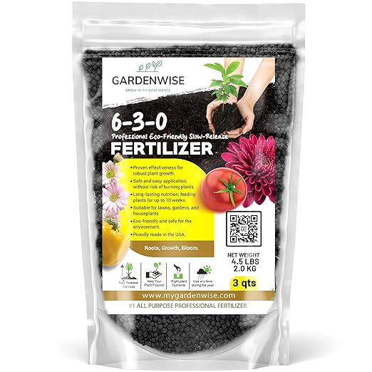 GARDENWISE 6-3-0 All-Purpose Professional Eco-Friendly Slow-Release Nitrogen Fertilizer with Iron & Calcium,Non-Burning, Enhances Soil Structure,for Indoor&Outdoor Plants,Vegetable Gardens (3 QUARTS)