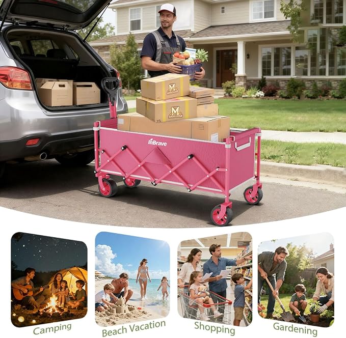 Extra Long Collapsible Wagon Cart, 480LBS Heavy Duty Utility Wagons with All-Terrain Wheels, Foldable Grocery Carts for Gardening, Shopping, Beach, Camping, Rose Pink