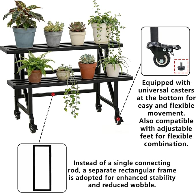 Metal Plant Stand with Wheels, 35.43" Wide Indoor Outdoor Flower Pot Rack, Black, 230 lb Capacity for Patio, Balcony, Living Room (2-Tier)