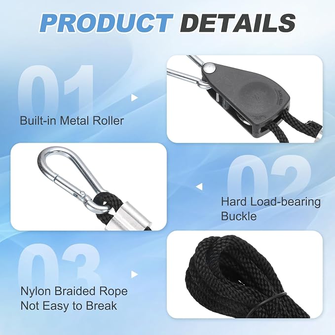 uxcell 4 Pairs 1/4" Adjustable Rope Hanger, 7.87ft(2.4 Meter) Heavy Duty Ratchet Tie Down Strap with Rope Clip Hanger for Hanging Plants, Grow Light and Various Tie-Down Uses, Black