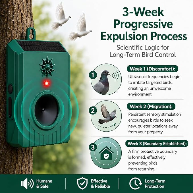 2Pack Solar Ultrasonic Bird Repellent Outdoor, Woodpecker Deterrent&Weatherproof Pigeon Bird Deterrents for Outside,Birds Repeller Scare Devices,Keep Birds Away Balcony,Yard,Farm,Orchard