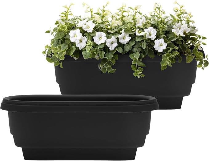 Bloem 24" Plastic Deck Rail Planter, 9" H x 24" L x 12" W, Fits Rail Sizes Between 4.75 to 5.75" Wide, Black, 2-Pack
