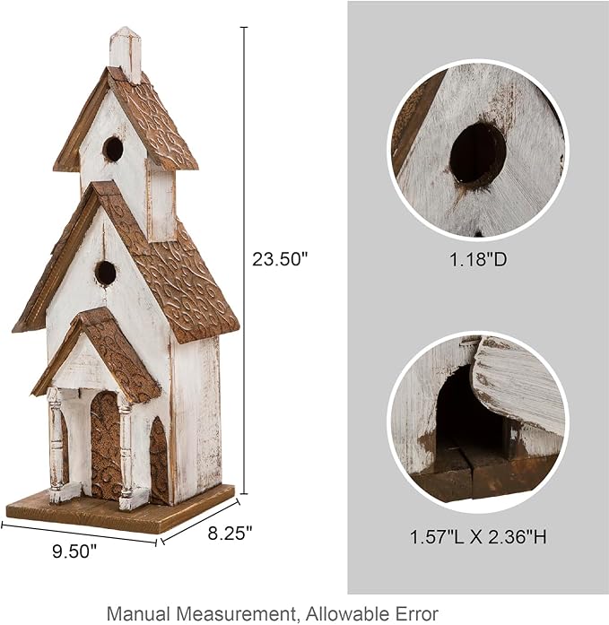 Glitzhome Bird Houses for Outdoors,23.62" H Church Birdhouse Rustic Tall Hand Painted Wooden Bird House White Extra-Large Bird House for Outside
