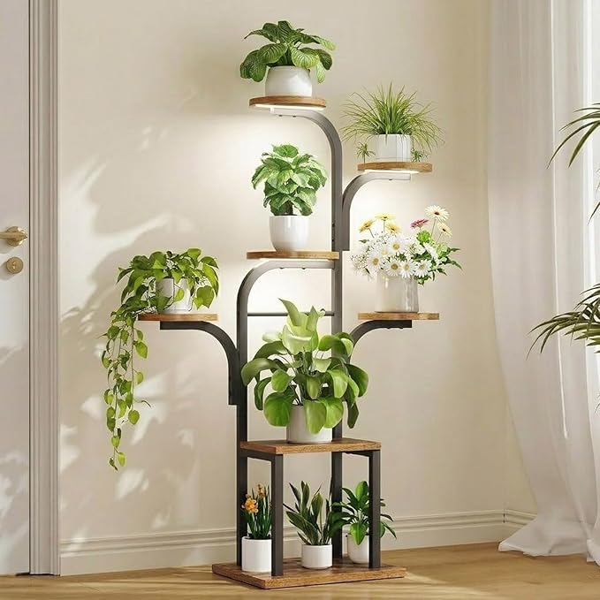 HOOBRO Plant Stand Indoor with Grow Lights, 47.2" Tall Metal Plant Shelf, 7 Tiered Corner Plant Stand for Indoor Plants, Plant Rack for Living Room Bedroom Balcony, Rustic Brown and Black BF09DHJ01
