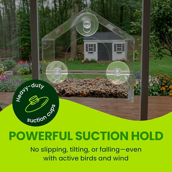 Nature Gear Window Bird Feeder with Strong Suction Cups, Clear Acrylic Window Mounted Bird Feeder, Removable Sliding Tray, Weather-Resistant, Durable, Squirrel-Resistant, House Style