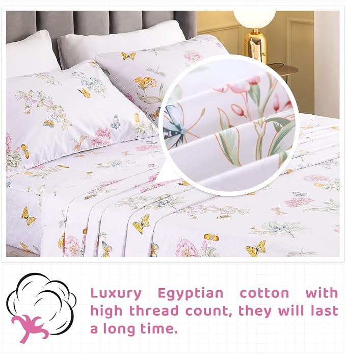 QSH Floral King Size Sheet Sets - Flower Butterfly Print Pattern Egyptian Cotton Printed Bedding Sheets 4pcs Extra Soft and Breathable 17.5" Extra Deep Pocket King Size Sheets