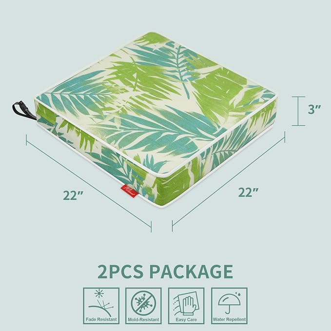 Patio Chair Cushions 22x22 Inch, Water Repellent Outdoor Seat Cushions with Adjustable Straps, Fade Resistant Replacement Cushions for Garden Deck Sofa Couch, Set of 2, Green Leaf