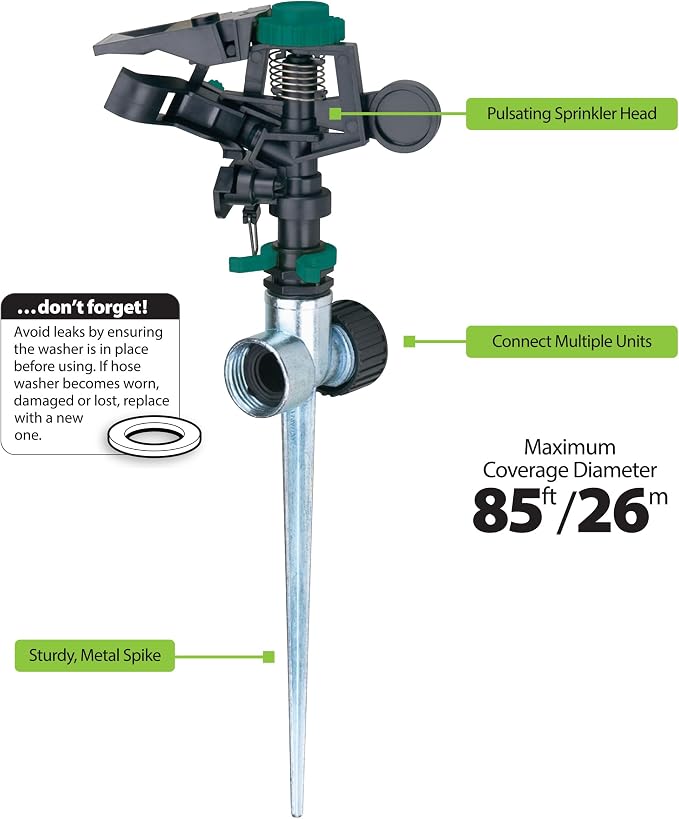 Melnor 65152AMZ Plastic Pulsating Sprinkler on Metal Spike, Quick Connect Amazon Bundle, Black, Green