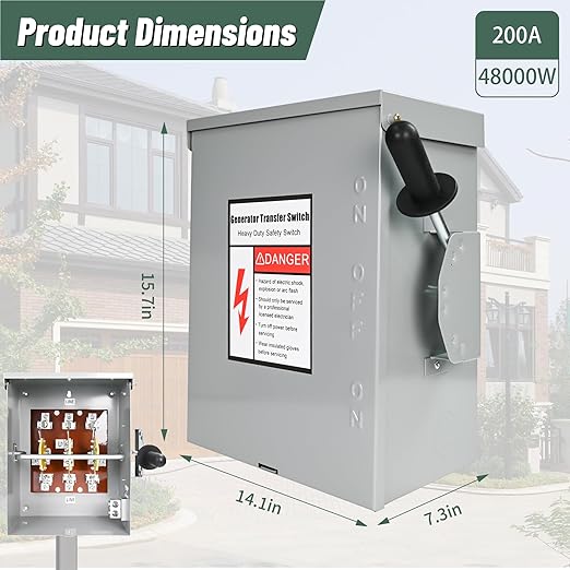 200-Amp, 3 Pole 120 V/240 V Generator Transfer Switch, 48,000 W Manual Transfer Switch for Home Generator, Meeting NEMA 3R Standards for Outdoor and Indoor General-Duty Double-Throw Safety Switches