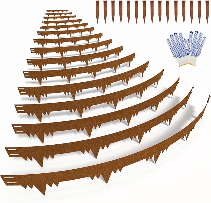 Metal Landscape Edging Border 15 Packs 42'' L x 4.5'' H, Pre-Rusted Steel Garden Edging Border with 15 Stakes, Hammer-in Lawn Edging for Landscaping, Flower Bed, Yard, Pathway, Tree Ring (52ft Total)