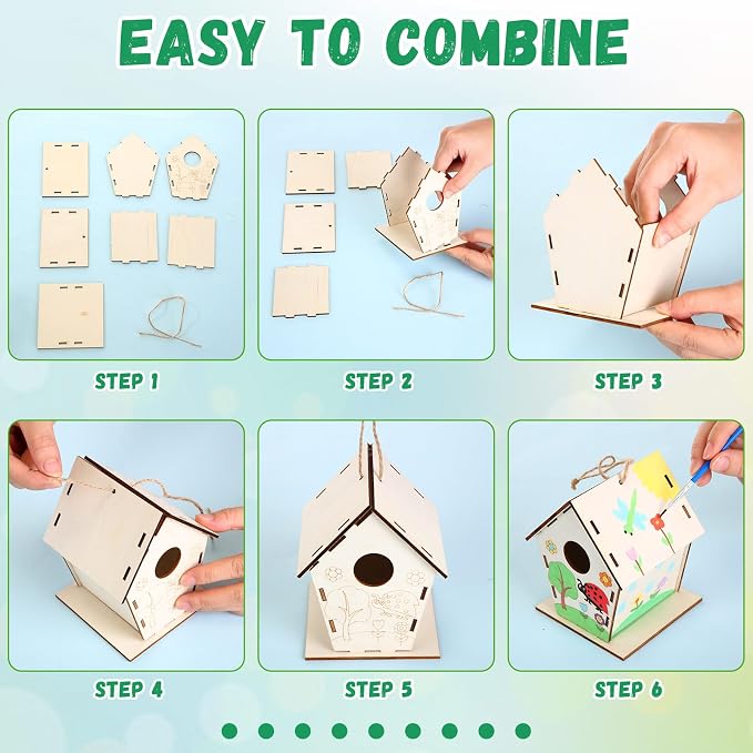 DoubleFill 24 Pack Wooden Bird House Bulk for Kids Birdhouse Kit Wood Houses for DIY Unfinished Hanging Birdhouse Kits, Wooden Craft Houses to Paint Family Camping Summer Crafts