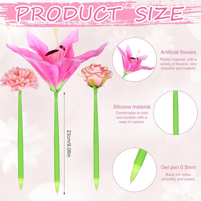 28 Pcs Flower Pens Artificial Daisy Rose Lily Carnation Flower Pens Back to School Pen Wedding Floral Pen for Women Mother's Day Girlfriend Wife Office Birthday Fitst Day Classroom Reward